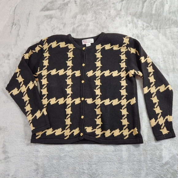 vtg milano DG 80s button up cardigan sweater blk gold houndstooth shldr pads sm - Picture 4 of 9